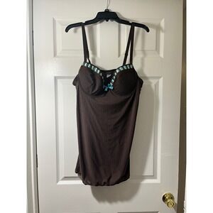 Rampage Intimates Brown Pinstripe Corset‎ Cami Tank Top Turquoise Bow Size 2X